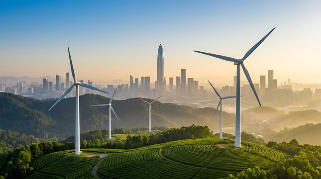 Wind turbines generate clean energy on rolling green hills with a modern city skyline in background at sunrise.