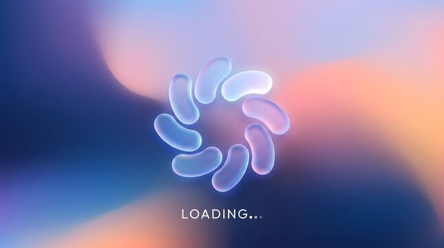 Abstract loading spinner icon with glowing blue jelly shapes on a soft colorful background