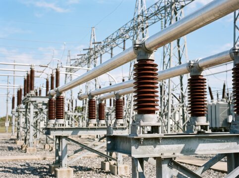 Electrical substation with aluminum busbars and ceramic insulators outdoors under a clear blue sky, power generation and distribution grid system infrastructure