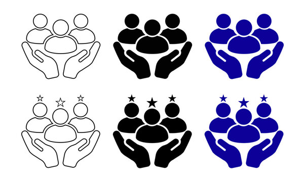 Community support and teamwork icon set with people held in caring hands