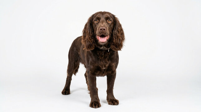 Happy Chocolate Cocker Spaniel Dog Standing, Studio Portrait, White Background