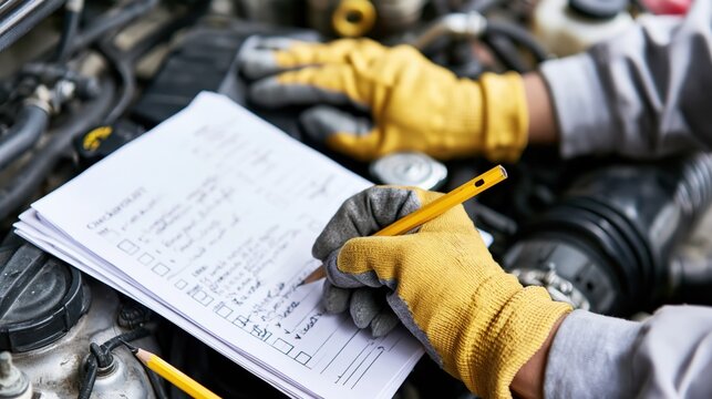 Mechanic wearing protective gloves filling out a maintenance checklist inside a car engine bay