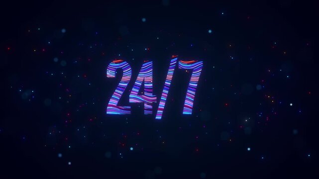 Rotating 3D 24 per 7 typography with blue and purple flowing light trails, glowing particles, sparkles, and bokeh representing continuous service on a dark digital background.