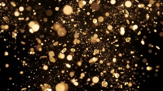 Floating gold dust particles drifting down on black background, luxury abstract background video