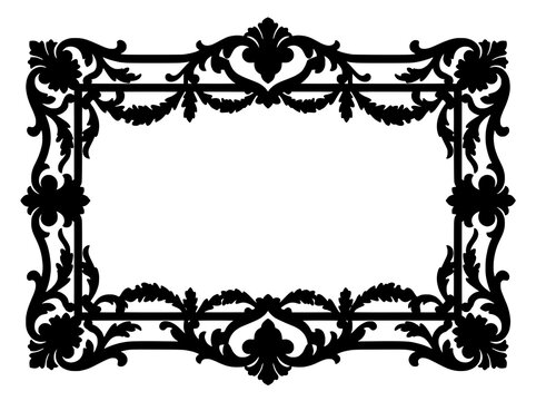 Elegant black baroque frame silhouette with ornate scrollwork and floral acanthus leaf details on a white background, decorative rococo border design for antique wedding invitations.