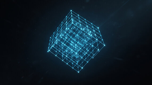 Glowing blue wireframe cube floating in dark space representing