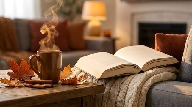 Steaming cup of coffee with autumn leaves and an open book beside it, creating a warm and inviting cozy fall atmosphere.