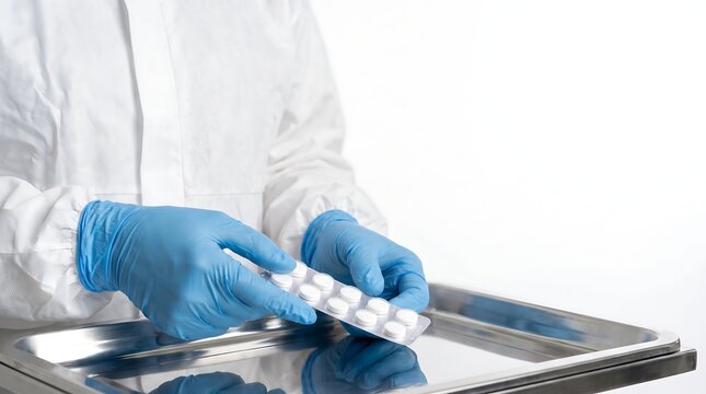 Healthcare professional in protective suit and blue gloves handling medication blister pack