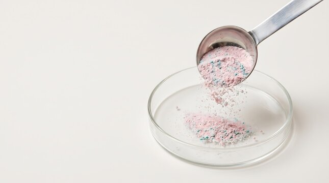 Pouring pink powder from a measuring spoon into a glass Petri dish for chemical or scientific experiment analysis