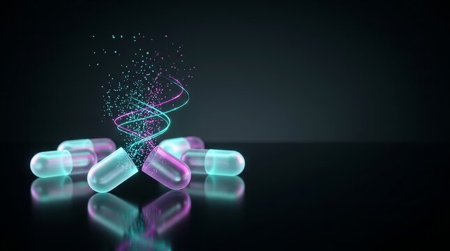 Futuristic Biotechnology Illustration featuring Glowing DNA Helix Emerging from Pharmaceutical Medicine Capsules on Dark Background