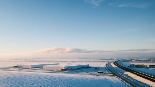 Aerial view of a modern data center in a snowy landscape, featuring frozen fields and a curving highway for technology and infrastructure news