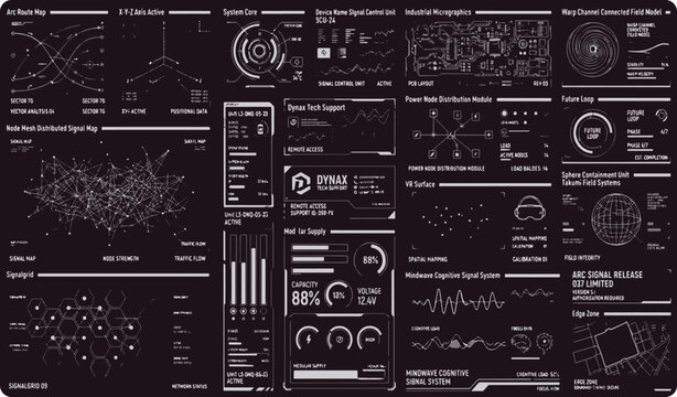 Sci fi futuristic hud user interface screen dashboard elements set with digital data infographic charts technology control panel vector illustration