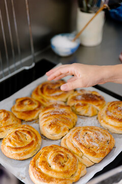 A close-up of freshly baked cinnamon rolls