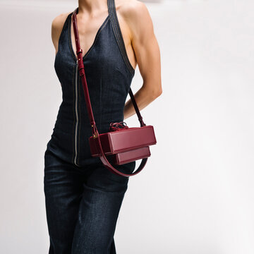 Denim Dress With Burgundy Leather Bag