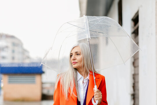 Woman Umbrella Walking Rainy Street