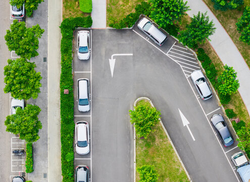 Aerial U-Turn Path in Parking Lot with Arrows