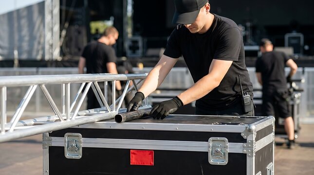 Stage crew member adjusting aluminum metal pipes on a heavy flight case with blurred workers assembling large concert stage in sunny outdoor venue background.