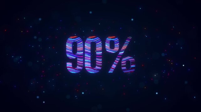 Rotating 3D 90 percent number with blue and purple flowing light trails, glowing particles, sparkles, and bokeh against a dark digital background.