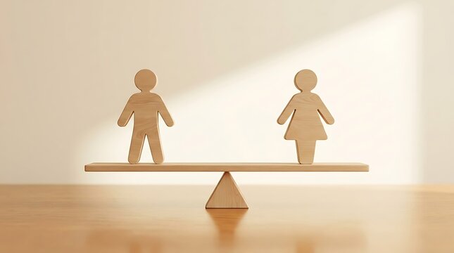 Symmetrical wooden outlines of a man and a woman balanced on a minimalist lever scale symbolizing perfect gender parity and equal rights in society.