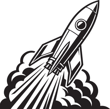 Rocket Launch Silhouette Vector Illustration, Black and White Spaceship Blast Off with Smoke Cloud