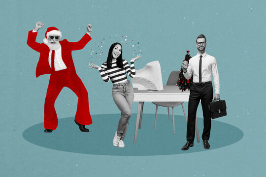 Composite 3D collage trend design of computer monitor office young msn lady stand santa dance spirit december winter noel celebration