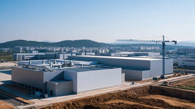 Semiconductor manufacturing fab with metallic grey facades and rooftop vents, a modern chip factory under construction for industrial news