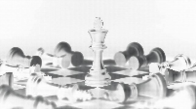 Abstract halftone pattern illustration featuring a central chess king piece surrounded by shadowy circular shapes on white background