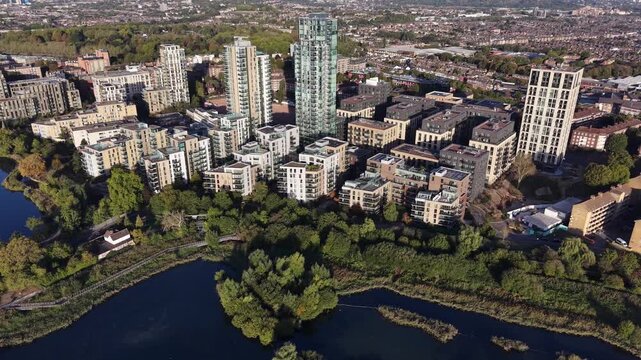 Aerial view of the Woodberry Down housing regeneration project overlooking the West and East Reservoirs in Hackney, North London.