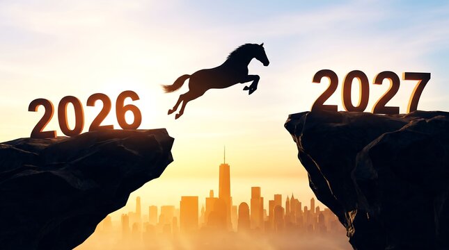 A horse leaps between two cliffs with numbers 2026 and 2027 against a sunset city skyline