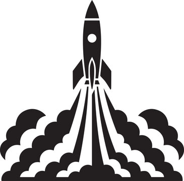 Rocket Launch Silhouette Vector Illustration, Black and White Spaceship Blast Off with Smoke Cloud