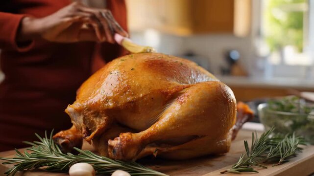 Hand basting golden roasted poultry with pastry brush on wooden cutting board beside rosemary sprigs and garlic cloves in warm sunlit kitchen, with glossy skin shown in close view