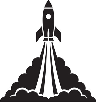 Rocket Launch Silhouette Vector Illustration, Black and White Spaceship Blast Off with Smoke Cloud