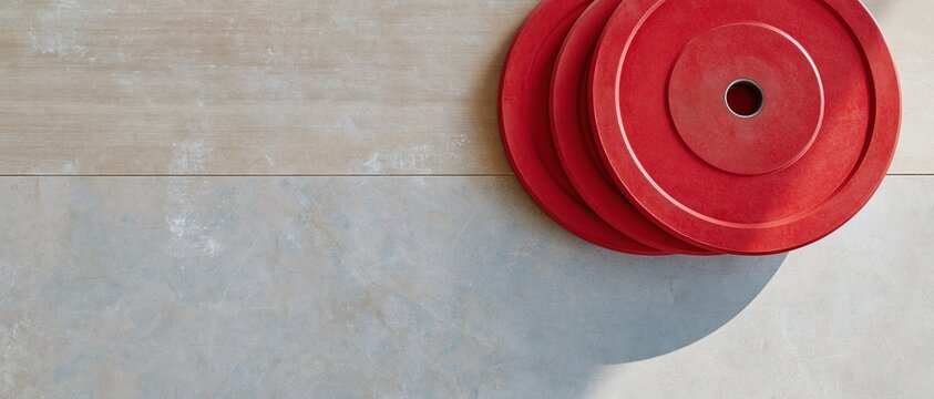 Weightlifting plates in bold red overlapping on a painted wooden surface with chalk smudges and copy space for gym banners
