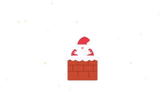 Seamless loop 2D vector Lottie-style animation of Santa Claus popping up from a snowy brick chimney, winking with sparkling stars, and waving on a transparent background.