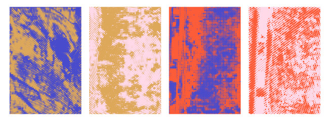Obraz na płótnie Canvas Retro punk halftone texture vector poster background set in purple, gold, pink, orange. Distressed dot pattern with rough print effect. Colorful grunge overlay urban collage aesthetic design