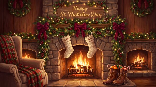 A festive St. Nicholas Day illustration featuring a warm fireplace, holiday stockings named Lukas and Mia, decorated garlands, and traditional boots with