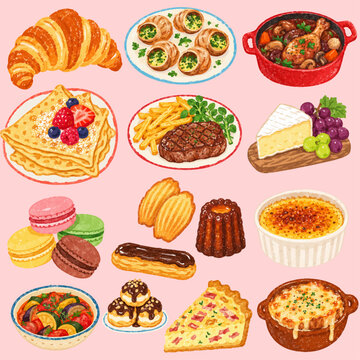 Hand Drawn Style French Cuisine and Traditional French Dessert Illustration Set