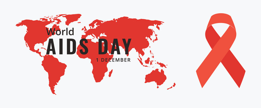 World AIDS day horizontal banner with red world map silhouette and awareness ribbon symbol