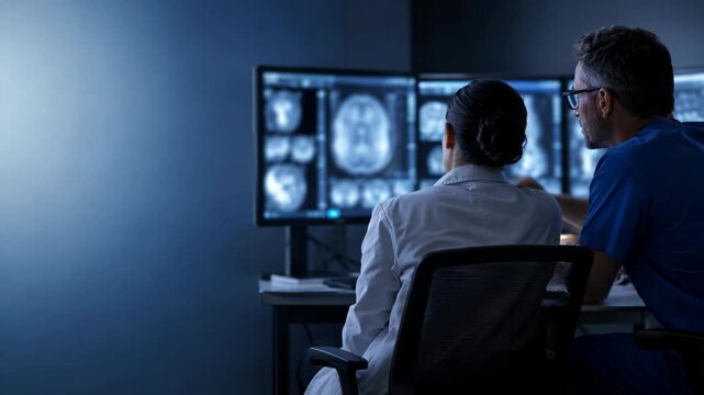 Medical team radiologist doctor neurologist reviewing brain scan magnetic resonance imaging dark diagnostic hospital room with focused clinical