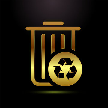 Golden trash bin with recycling symbol icon isolated on black background.