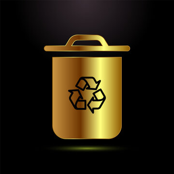 Golden recycling bin icon with black recycle symbol inside on black backdrop.