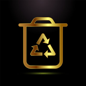 Golden line art recycling bin icon containing arrows symbol on black backdrop.