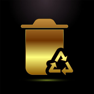Golden trash bin silhouette with overlapping recycle symbol on black background.