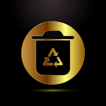 Golden round badge featuring recycling trash bin icon on dark background.