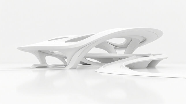 an abstract, futuristic parametric architecture concept featuring a white, fluid, and organic form with sweeping curves and layered horizontal planes.