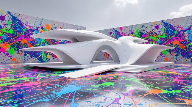 a white, fluid, parametric architecture concept structure set against a vibrant, paint-splattered wall and floor background.