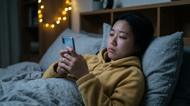 Young Asian Woman in Bed Using Smartphone at Night