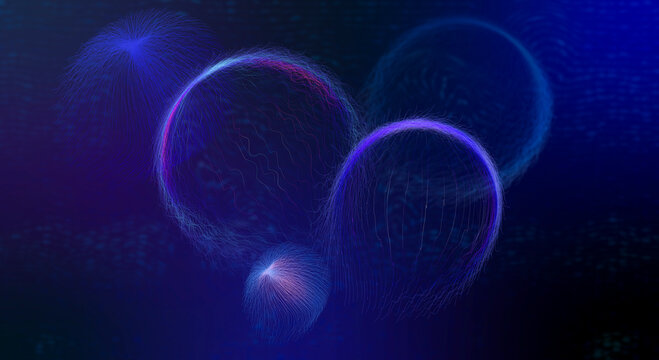 Abstract 3D glowing jellyfish forms representing digital energy and artificial intelligence in a dark blue environment