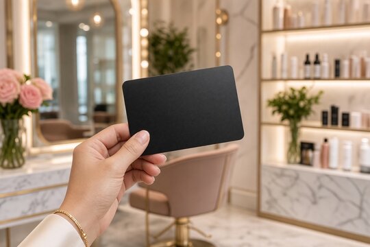 Spa Salon Membership Card Mockup &mdash; Hand Holding Blank Black Loyalty Card Template in an Elegant Beauty Salon Interior with Blurred Background