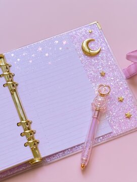 cute pastel pink glitter diary notebook with crescent moon decoration magical wand pen top view flat lay on pastel pink background for stationery kawaii aesthetic goal planning journal concept photo